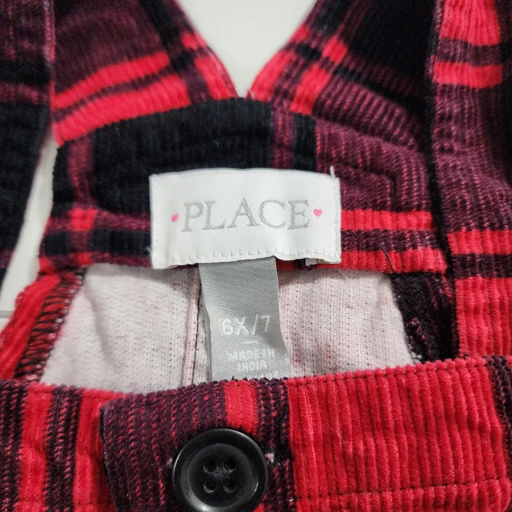 Girls Red & Black Buffalo Plaid Corduroy Overall Dress Dressalls Size 6x/7 - Picture 5 of 7
